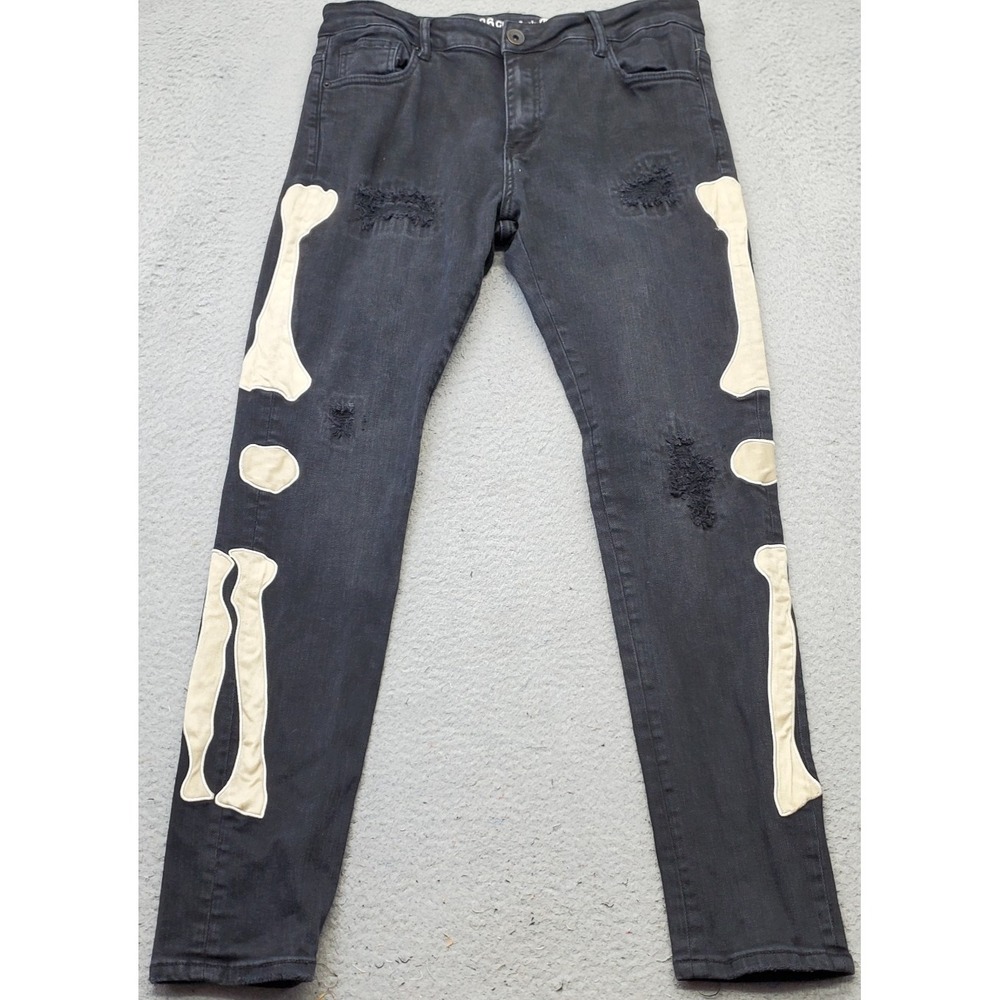 Crysp‎ Denim Skeleton Jeans Mens 36 Black Stretch Distressed Bone Patch Slim Fit